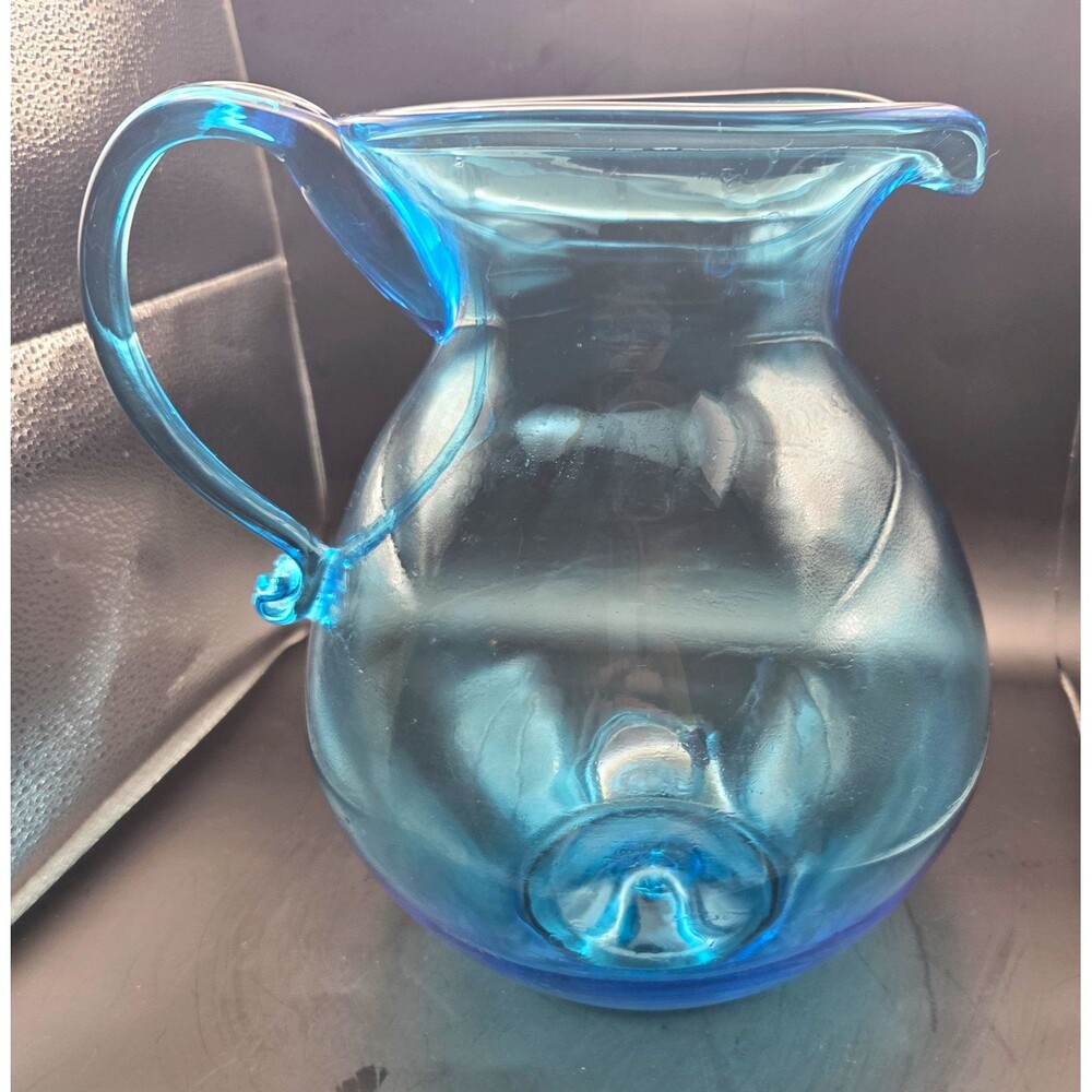 VTG Hand Blown Light Blue Glass Pitcher Applied Handle Pontil Mark 9.5 Inch